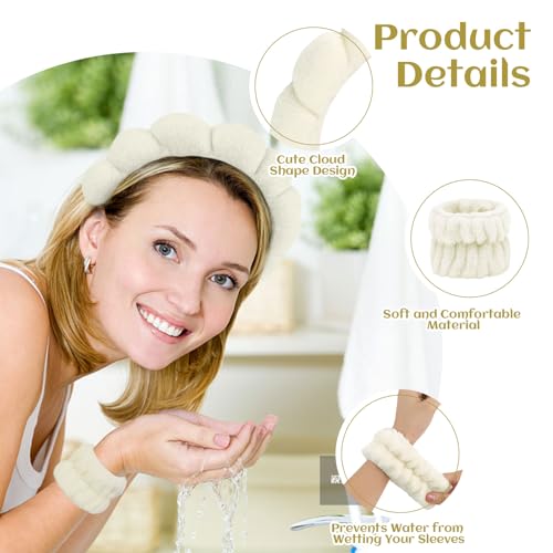 6 Pcs Puffy Spa Headband and Wristbands, Beige, Hairband for Washing Face Skincare, Absorbent Headband for Shower, Yoga, Makeup, Unisex-Adults - color: Beige