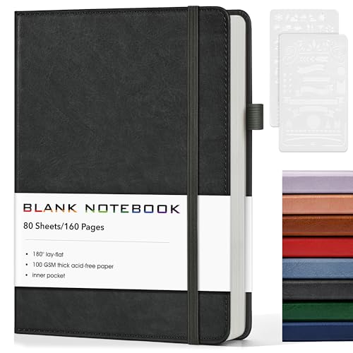 Journal Notebook, A5 Leather Hardcover Blank Sketchbook, 160 Pages, 180° Lay-Flat Binding, 100 GSM Thick Paper, for Sketching, Drawing, Art Journaling & Creative Writing (Black) - color: Black, size: Plain