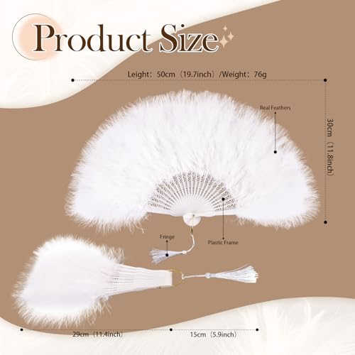 whitefeather Vintage Feather Hand Fan, 17.7 x 11.8 inches, Marabou Feathers, 1920s Style for Costume Parties, Tea Parties - color: White