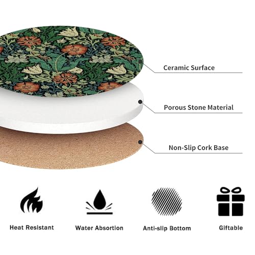 Drink Coasters for Drinks Set of 6, Vintage Art Nouveau Floral Pattern Absorbent Round Ceramic Stone Mat Coaster, with Cork Base and Metal Holder, Home Bar Decor House Warming Gift - color: Multicolor
