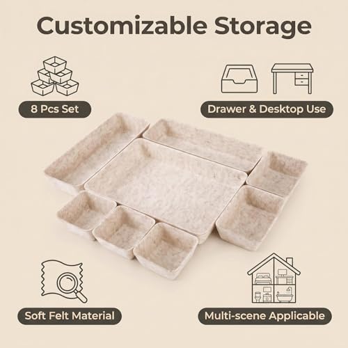 Felt Desk Drawer Organizer, 8pcs Shallow Storage Trays Bins, Office Accessories Box Inserts College Jewelry & Makeup Boxes Containers(Beige) - color: Beige