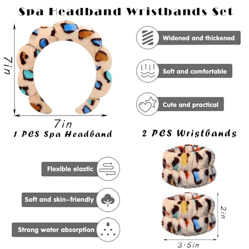 Tetizo Spa Headbands for Washing Face Wristband Set Sponge Makeup Skincare Headband Wrist Towels Bubble Soft Terry Towel Cloth Hairband for Women Puffy Headwear Non Slip Thick Thin Hair Headwear - color: Leopard brown