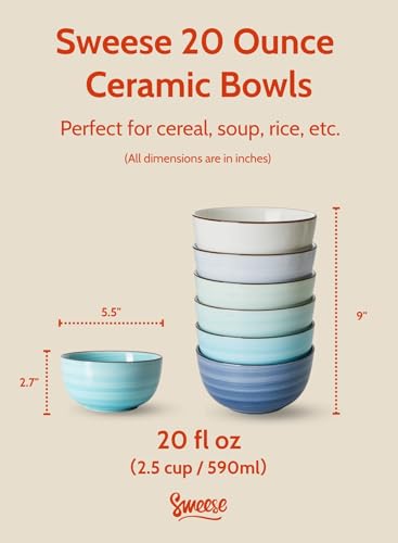 Sweese 20 Oz Porcelain Cereal Bowls - Set of 6, Multicolor, Lead-Free, for Soup, Salad, Rice Snacks, Kitchen Decor - color: Cool Assorted Colors, size: 20 Ounce