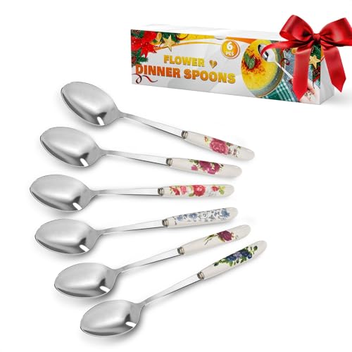 Tablespoons Set of 6, Ceramic Handle, Stainless Steel, Floral Design - color: 6 Pcs Floral Table Tablespoons Set