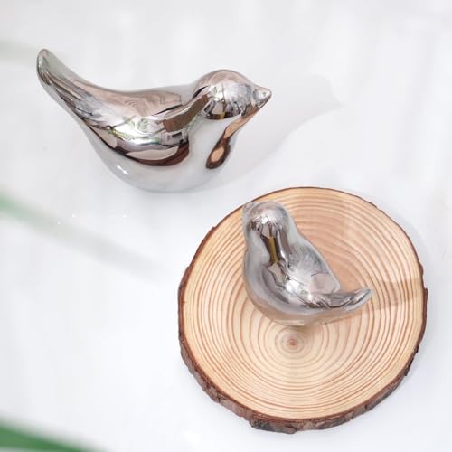 2 Pcs Ceramic Small Bird Figurines Modern Animal Statues for Home 、Room Decor and Bedroom Decor and Bookshelf Display (Silver) - color: Silver