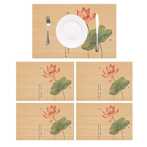 Bamboo Placemats Set of 4, Asian Style Table Mats Ancient Chinese Paintings Zen Floral Place Mats for Indoor Outdoor Kitchen Dining Table (Lotus, Set of 4) - color: Lotus