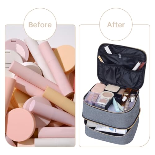 Double Layer Makeup Bag with Adjustable Dividers, Gray Gold - color: Grey Gold