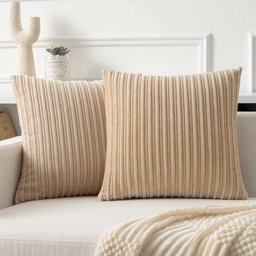Kevin Textile Striped Corduroy 16”x16” Pillow Covers 2 Pack, Beige - color: Beige, size: 16" x 16" (Pack of 2)