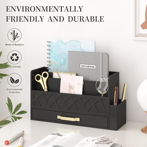 Wisuce Bamboo Mail Organizer Countertop with Drawer and Pen Holder, Black - color: Black