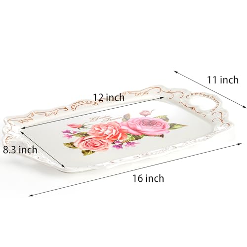 Nicunom 3 Pack Melamine Serving Tray with Handles, Floral Serving Trays Stackable Food Tray for Eating Unbreakable Large Serving Platter for Party, Decor, Home, Restaurant, Gift,16" L x 11" W