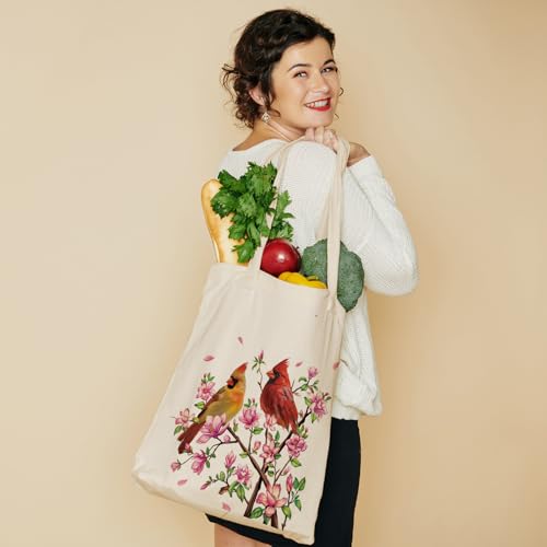 Louise Maelys Cardinal Pair Canvas Tote Bag For Women with Zipper Pocket - style: Cardinal Flower