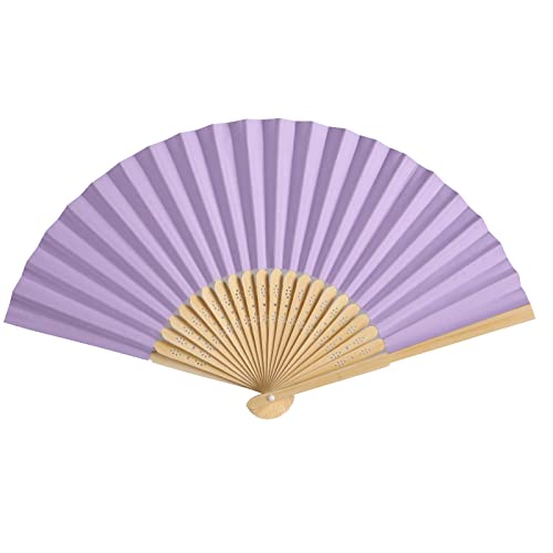 50pcs Paper Hand Fan with Organza Bags Bamboo Handheld Folding Fan DIY Decorative Wedding Party Favors (Light Purple) - color: Light Purple