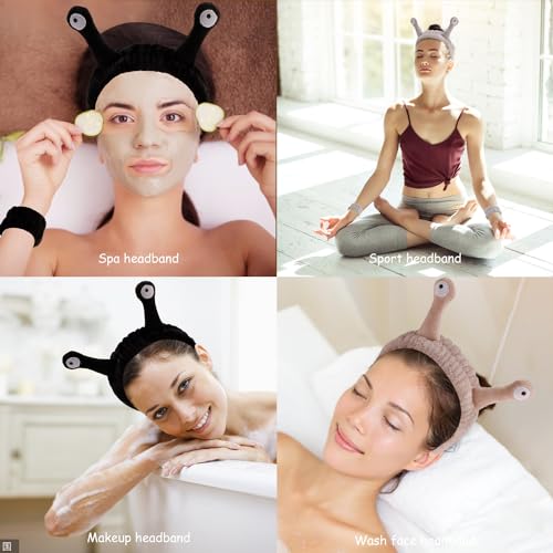 SuPoo 9 Pcs Skincare Headbands Set - Snail Spa Headband, Alien Headband, Face Wash Wristbands, Cute Makeup Hair Band for Washing Face and Shower - color: 9pcs-black grey khaki