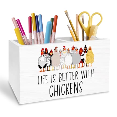 Funny Farm Chicken Pen Holder for Desk, Chicken Lover Mom Lady Gifts Pencil Organizer, Life is Better with Chickens Wooden Box Sign Desk Decor for Home Office Decoration - color: FARM CHICKEN