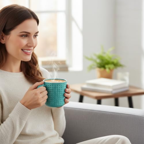 15 oz Ceramic Coffee Mugs Set of 4, Waffle Embossed Coffee Mug, Turquoise - color: Turquoise-4PCS