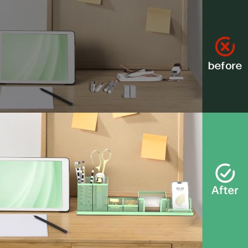 Pen Holder for Desk, 6-Piece Mesh Desk Organizer with Phone Holder, Green - color: Green