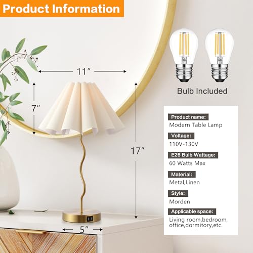 EOEYYOYB Pleated Table Lamp, Table Lamp for Bedroom, Bedside Lamps for Nightstand with Linen Lampshade, Modern Lamp for Bedroom Home Office Decor - color: Gold
