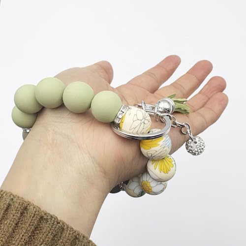 Unpafcxddyig Silicone Bead Keychain Bracelet Wristlet Key Ring - color: Army Green Flower