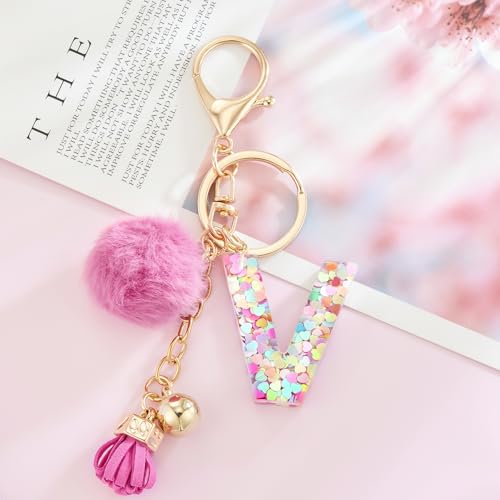 Resin Alphabet Initial Letter Keychain Keyring for Women Purse Handbags With Fur Ball Pom - color: Deep Pink Fur Ball Letter V