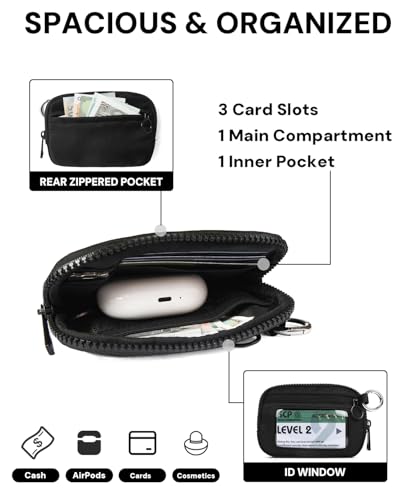 Wristlet Wallet for Women with Clear ID Window, Zip Coin Purse and Keychain - color: Black
