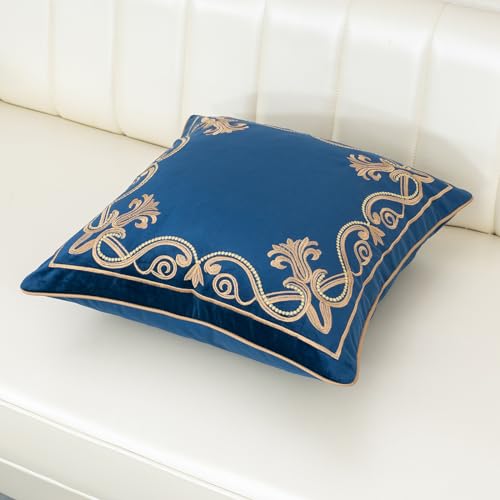 Aeckself European Floral Pillow Cover 18x18 Inch, Luxury Velvet Embroidered Decorative Throw Pillow Cover for Couch Bedroom Living Room, Navy Blue and Gold, Yw-OBYG-Blue4545 - color: Navy Blue Gold, size: 18" x 18" (Pack of 1)