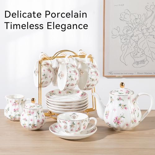 Porcelain Tea Sets British Royal Series, 8 OZ Cups & Saucer Service for 6, with Teapot Sugar Bowl Cream Pitcher Teaspoons and Tea Strainer, Suitable for High Tea, Wedding, Party（Spring Flowers） - color: Spring Flowers