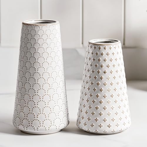 Ceramic Vase for Decor, 6 Inch+7.1 Inch White Flower Vase for Lego Flowers, Tulip and Pampas Grass, Embossed Farmhouse Vases for Centerpieces,Home Living Room Dining Table Office Decor, Arctic White - color: Clover & Fireworks