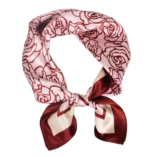 Women 100% Mulberry Silk Neck Scarf 21" Square Floral Neckerchief - color: Red Rose
