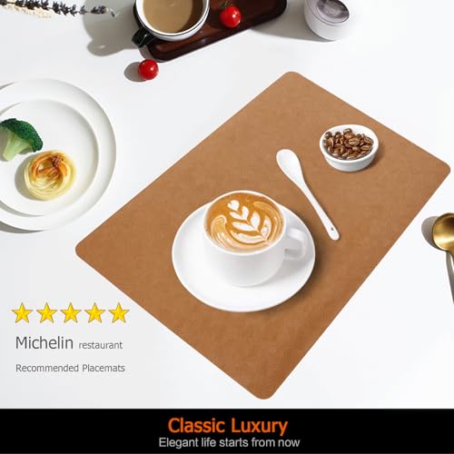 Brown Plastic Placemats Set of 8, Faux Leather Waterproof Table Mats - color: Brown