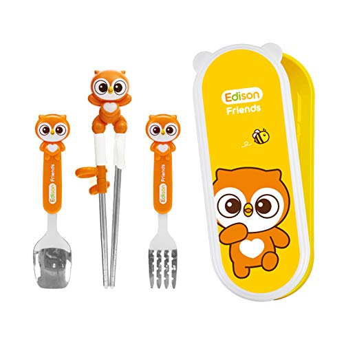 Owl Stainless Steel Chopsticks, Spoon, Fork and Case 4 Set - Right Handed, Yellow, Owl, Set of 4 pcs (Olly), Made in Korea