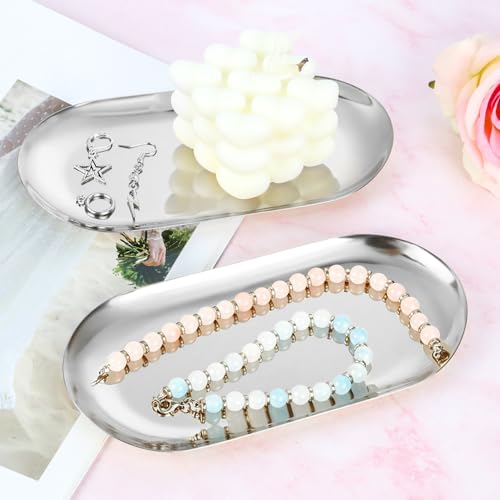 2 Pcs 7" Stainless Steel Decorative Tray Oval Jewelry Dish Cosmetics Organizer Bathroom Vanity Serving Platter Small Storage Trinket Ring Holder for Perfume Candle Key (Silver) - color: Silver