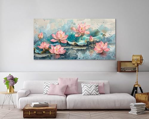 NAN Wind 1Pcs Pink Lotus Flowers Canvas Prints Wall Art Green Leaves and Blooming Water Lilies Framed Wall Decor Ready to Hang Nature-Inspired Floral Decorative Art for Living Room Bedroom Office - color: Pink Lotus-One Piece, size: 40"L x 20"W