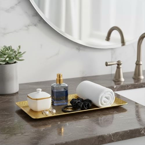Hammered Rectangular Platter Serving Tray, Gold Stainless Steel Decorative Storage Tray, 9.8 x 4.3 Inch