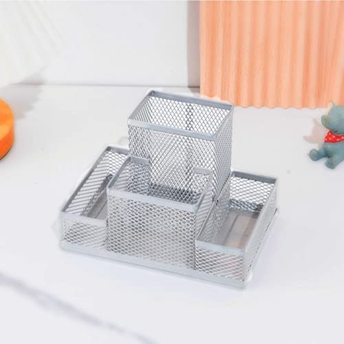 Desk Organizer Desktop Mesh Pen Pencil Holder Caddy with 4 Compartments, Office Home School Classroom Accessories Cool Supplies (Silver) - color: Silver