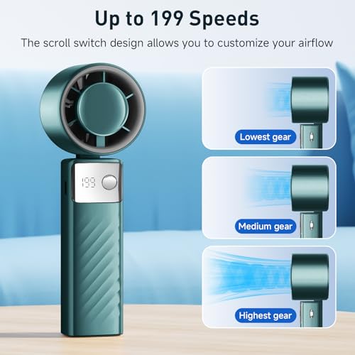 YOSHENMO Portable Handheld Turbo Fan - Foldable Mini Fan with Air Turbo Tech, 1-199 Speed Adjustment, 20H Runtime, LED Display, Battery-Powered for Indoor/Outdoor Use Dark Green - color: Light Green, size: Small