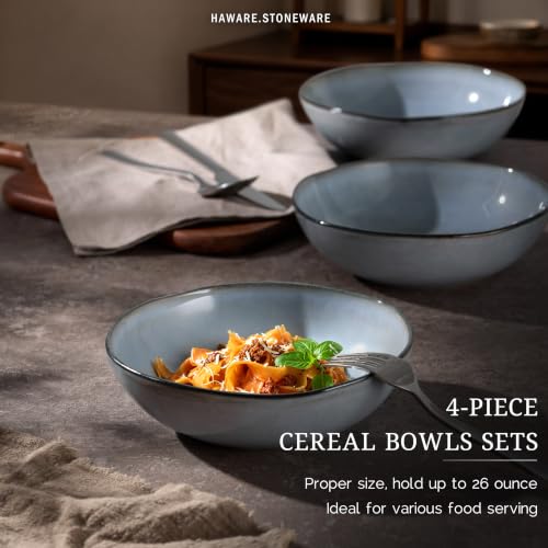 HaWare Cereal Bowls, 26oz Stoneware Serving Bowls Set of 4, for Salad Pasta - color: Reactive Foggy Blue
