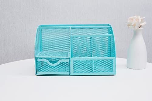 Annova Mesh Desk Organizer Office with 7 Compartments + Drawer/Desk Tidy Candy/Pen Holder/Multifunctional Organizer (Turquoise) - color: Turquoise