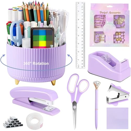 Office Supplies,School Supplies,Purple Desk Accessories,Desk Organizer,Scissors,Stapler,Tape Dispenser,Binder Clips,Staples,Staple Remover,Sticky Notes,Clear Tape,Pen,Ruler,Best Gift,11pcs - color: 11 Pcs Set Purple, size: 11 pcs set