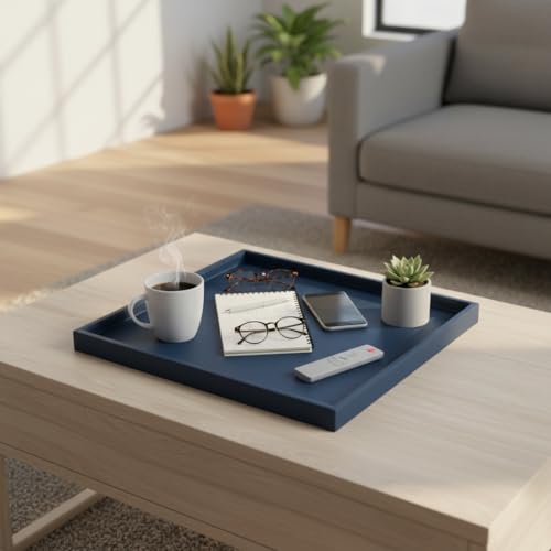 25 * 25 Inch Rectangular Ottoman Tray | Textured PU Leather, Waterproof & Heat-Resistant Storage for Coffee/Dining Tables, Sofa, Bed, Entertainment & Party (Navy Blue, 25 * 25in) - color: Navy Blue, size: 25" x 25" x 1.5"