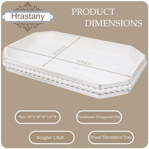 Hrastany Whitewashed Wood Serving Tray with Beads, Farmhouse Decorative Tray for Table Centerpiece, Christmas Wedding Halloween Home Decor - color: Whitewashed-c8, size: 15.7" x 10.2" x 1.6"