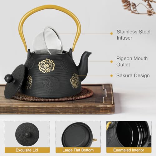 Ufine Cast Iron Teapot with Stainless Infuser Enameled Interior 40oz/1200ml - color: Black Sakura