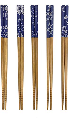 Bamboo Chopsticks Set, Japanese Reusable Wooden Chopsticks with Traditional Pattern Designs, Non Slip Tips Dishwasher Safe Asian Chopsticks for Sushi Ramen Noodles Rice Dining (2, Blue Print) - color: Blue Print