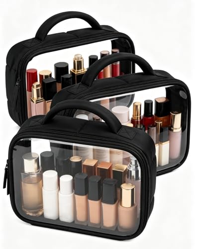 Moyad TSA Approved Toiletry Bag Clear Quart Size Travel Bags Makeup Bag - color: Puffer Black, size: 3 Pack, Handle