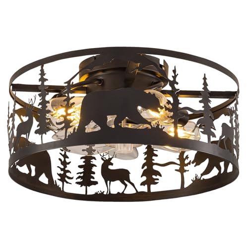 Farmhouse Caged Ceiling Fans with Lights and Remote Control,Rustic Black Chandelier Fan with Bear Deer Design,Flush Mount Low Profile Fandelier for Bedroom,Dining Living Room,Foyer - color: Black