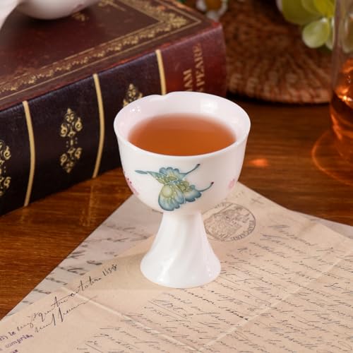 KAMMAK Tea Cup Set of 2 Small Tea Cups 1.4oz White Porcelain Tea Cup Set, Asian Ceramic Teacups for Home, Party, Office, Chinese Kung Fu Tea Set for Hot/Cold Drink (Playing with Butterflies) - style: 716N Peach Flower and Butterfly