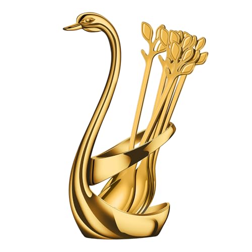 AnSaw Gold Swan Base With 10-Pcs Mini Leaf Coffee Spoon Holder Set - 4.7" - color: Gold Swan