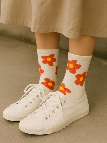 Fourluoo 6 Pairs Women Cotton Crew Socks Floral Patterned Colorful