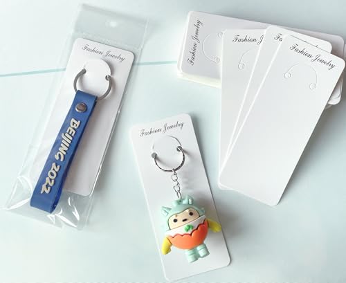 100 Set Keychain Display Cards with Bags,Jewelry Packaging Blank Hanging Cards for Selling - color: White-letter