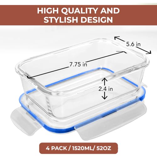 Razab 6.5 Cups / 52 Oz 4 Piece (2 Containers + 2 Lids) Glass Food Storage Containers Set with Airtight Locking Lids - For Storing, Baking & Serving BPA Free, Leakproof - Microwave, Freezer & Oven Safe - color: Blue