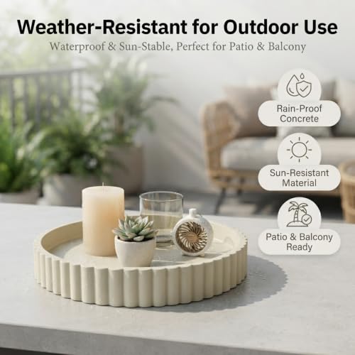 Round Solid Concrete Tray, Fluted Centerpiece for Coffee Table Decor 11" - color: Beige